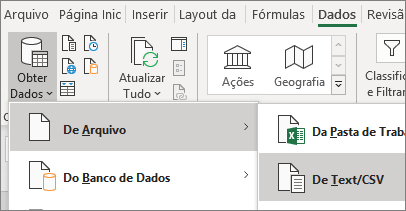 A opção De Texto é realçada na guia Dados.