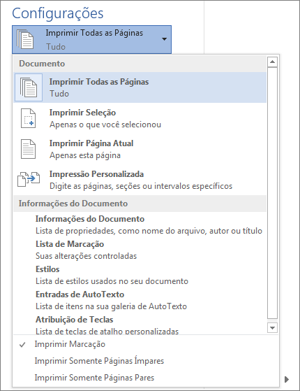 Captura de tela do painel Imprimir com o menu Imprimir Todas as Páginas expandido para mostrar as opções adicionais.