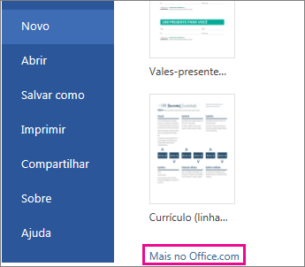 Clique em Mais no Office.com