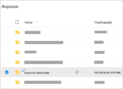 Pastas do OneDrive com a pasta Arquivos Transcritos visível
