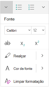 Menu Fonte no modo retrato