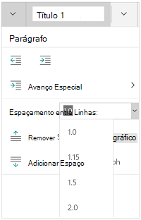 Menu de espaçamento entre linhas no tablet do Windows