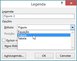 Use a caixa de diálogo da legenda para definir opções para suas legendas de figuras, tabelas ou equações.