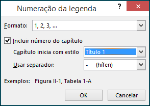 Use a caixa de diálogo Numeração da Legenda para adicionar números de capítulos às legendas.