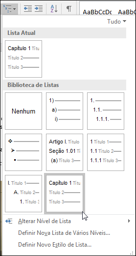 Use a lista de vários níveis Títulos de Capítulos para formatar os títulos de capítulos a serem incluídos nas legendas.