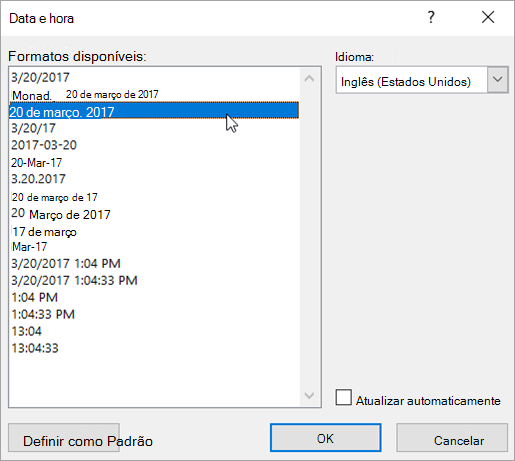A caixa de diálogo Data e Hora