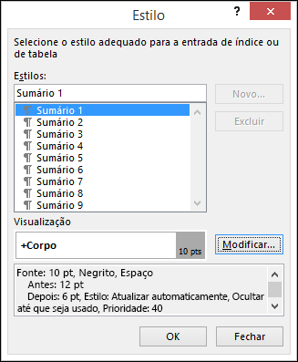 A caixa de diálogo Modificar estilo permite atualizar a aparência do texto no sumário.