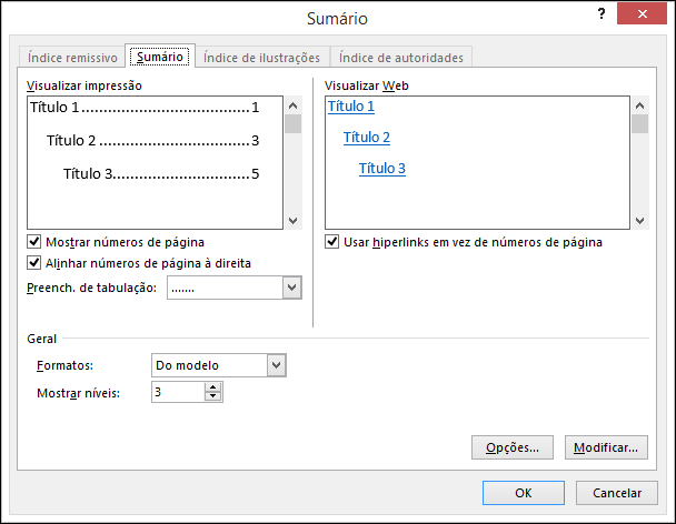 Use a caixa de diálogo Sumário para personalizar a aparência do sumário.