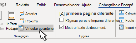 Cabeçalho/Rodapé Link para o botão anterior