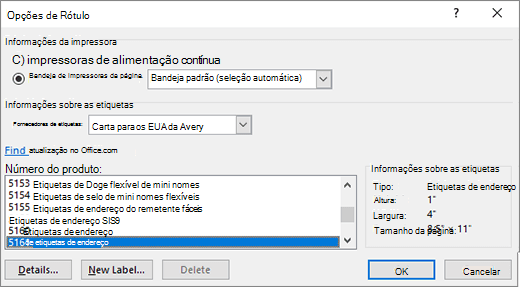 Caixa de diálogo de opções de etiqueta