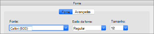Seleção de tipo de letra na caixa de diálogo