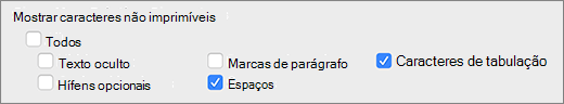 Configurações de caracteres não imprimíveis