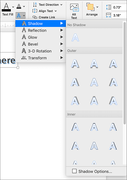 Opções de Sombra do WordArt