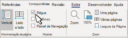 A configuração da régua na guia Exibir