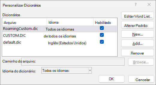 Caixa de diálogo dicionário personalizado