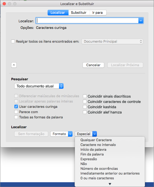 Usar caracteres curinga na caixa de diálogo Localizar e Substituir