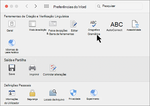 Caixa de diálogo Preferências do Mac com Ortografia selecionada