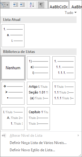 Escolha o botão Lista de Vários Níveis para adicionar numeração a um estilo de título interno, por exemplo, Título 1 em seu título do documento.