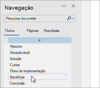 Seleção de página do painel de navegação do Word