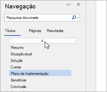 Painel de navegação do Word na parte superior da seleção do documento