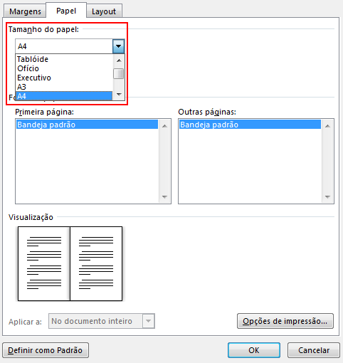 Na guia Papel, selecione o tamanho do Papel. O tamanho final do livreto é metade do tamanho do papel. Verifique se a sua impressora tem papel do tamanho certo.