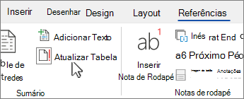 O separador Referência a mostrar o botão atualizar tabela