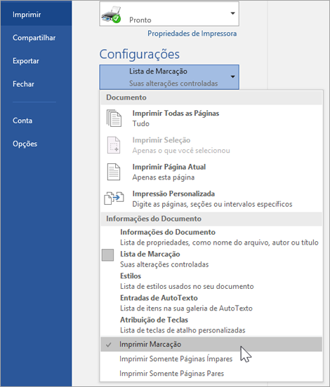 Mostra as Configurações de impressão para imprimir marcação
