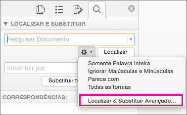 Na caixa Localizar e Substituir, Localização Avançada e Substituir é realçado