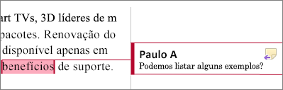 Um comentário na margem está realçado