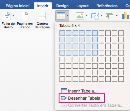 Draw Table is highlighted for creating a custom table