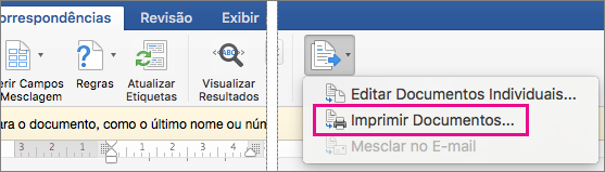 No separador Mailings, a opção Concluir & Impressão em Série e Imprimir Documentos está realçada