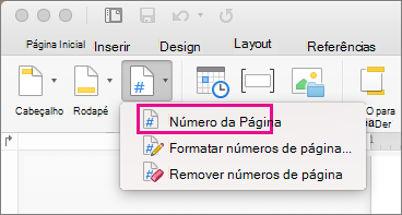 No separador Cabeçalho & Rodapé, clique em Número de Página no menu Número de Página para adicionar um número de página.
