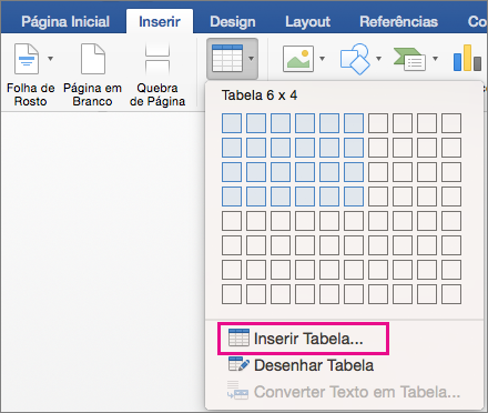 Insert Table is highlighted to create a custom table