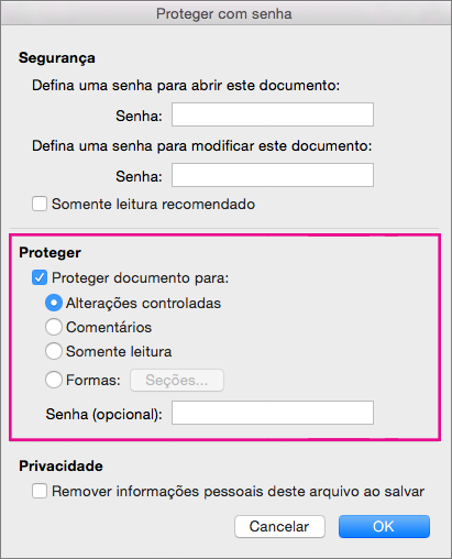 A seção Proteção está realçada