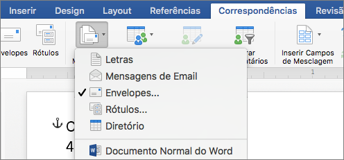 Na guia Correspondências, selecione Envelopes na lista Iniciar Mala Direta.