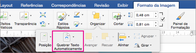 Clique em Quebrar Texto Automaticamente para selecionar a disposição do texto ao redor de uma imagem ou objeto de desenho.