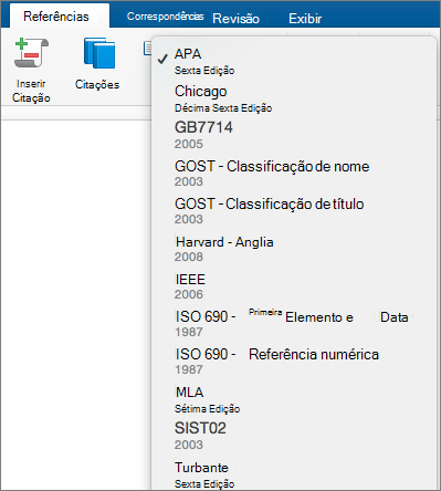 Na guia Referências, os estilos de citação são realçados.