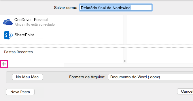 Para adicionar um serviço online, clique no sinal de adição no canto inferior esquerdo da coluna na caixa de diálogo Salvar como.