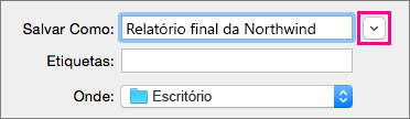 Clique na seta para baixo ao lado da caixa Salvar como para expandir o modo de exibição de pasta para mostrar os atalhos das pastas e as opções de exibição.