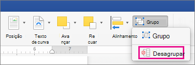 Para dissolver um agrupamento, clique em Desagrupar na guia Formato de Forma ou na guia Formato de Imagem.