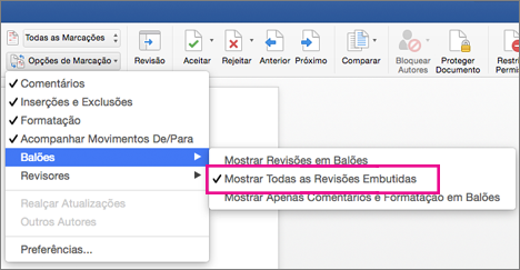 Mostrar todas as Revisões embutidas está realçado