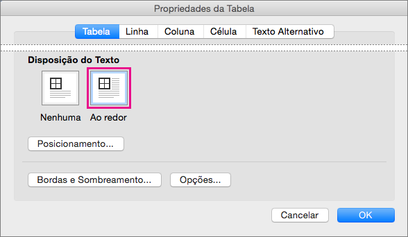 Clique Ao Redor para que o texto quebre automaticamente ao redor da tabela.
