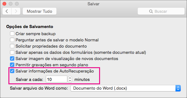 Na caixa de diálogo Salvar, selecione Salvar informações de AutoRecuperação e defina o intervalo especificando os minutos na caixa Salvar.