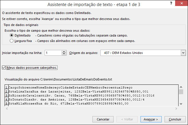Obter Dados Externos do Texto do Excel, Assistente de Importação de Texto, Etapa 1 de 3