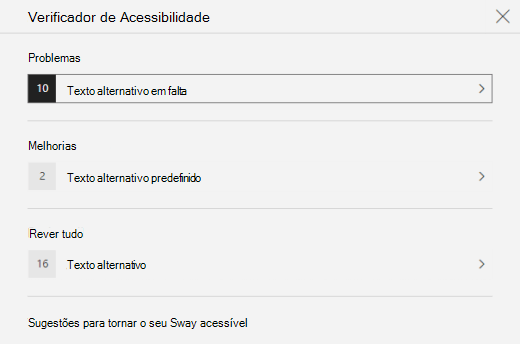 O painel Verificador de Acessibilidade a mostrar problemas com texto alternativo no Sway.