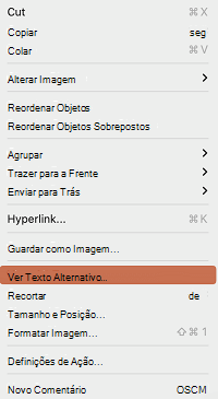 A opção Ver Texto Alternativo no menu de contexto no PowerPoint para Mac.