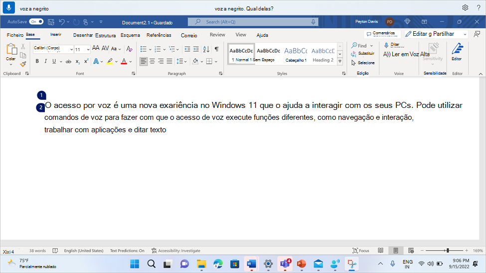 Word documento que mostra o comando de acesso de voz Negrito.