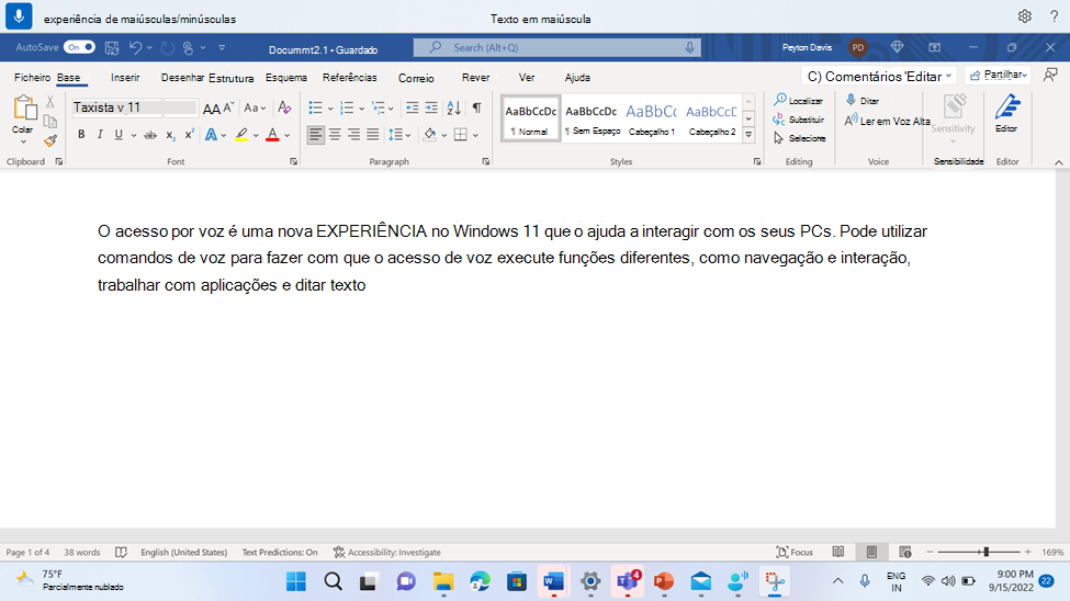 Word documento que mostra o comando de acesso por voz Maiúsculas.