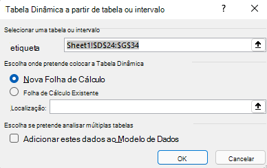 Caixa de diálogo Criar Tabela Dinâmica no Excel para Windows a mostrar o intervalo de células selecionado e as opções predefinidas.