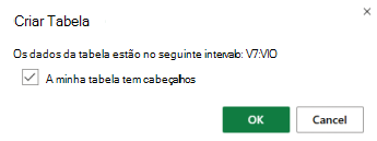 A caixa de diálogo Criar Tabela com a caixa de verificação selecionada para a opção A minha tabela tem cabeçalhos.
